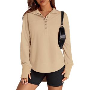 imagePRETTYGARDEN Womens Fall Fashion Button Up Sweatshirt Long Sleeve V Neck Loose Fit Casual Trendy Going Out Pullover Tops