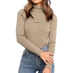 imagePRETTYGARDEN Womens Fall Fashion Turtleneck Pullover Sweaters Casual Long Sleeve Cable Knit Fitted Jumper Tops KhakiMedium