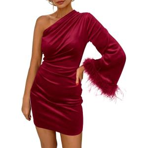 imagePRETTYGARDEN Womens Fall Long Sleeve Velvet Dress One Shoulder Mini Bodycon Wedding Guest Party DressesDark Red