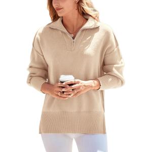 imagePRETTYGARDEN Womens Fall Oversized Sweaters Long Sleeve Casual 14 Zip Up Sweatshirts Pullover Tops BlouseApricot