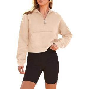 imagePRETTYGARDEN Womens Fashion Zip Up Sweatshirt Casual Long Sleeve Lapel Pullover Cropped Top Fall Clothes Beige