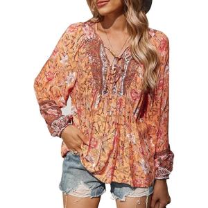 imagePRETTYGARDEN Womens Floral Ruffled Tunic Blouse Tie V Neck Casual Long Sleeve Babydoll Peplum Tops01OrangeLarge