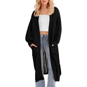 imagePRETTYGARDEN Womens Long Cardigan Sweaters Casual Lantern Sleeve Open Front Side Slit Cable Knit Coat Outerwear BlackMedium