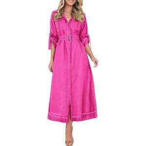 imagePRETTYGARDEN Womens Maxi Shirt Dress Casual 34 Sleeve Button Down Lapel V Neck A Line Belted Long Dresses Rose RedSmall