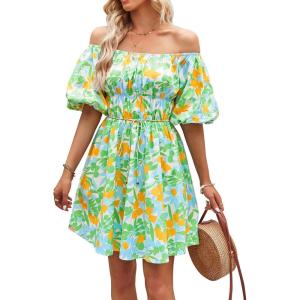 imagePRETTYGARDEN Womens Off The Shoulder Babydoll Dress Short Puff Sleeve Casual A Line Ruffle Summer Dresses Floral Grass GreenSmall