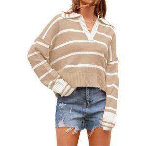 imagePRETTYGARDEN Womens Pullover Striped Sweaters Casual Collared V Neck Long Sleeve Ribbed Knit Loose Blouse Top Light KhakiSmall