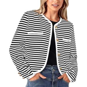 imagePRETTYGARDEN Womens Striped Cardigan Jacket Casual Long Sleeve Knit Button Down Shirts Fall Winter Outerwear WhiteMedium