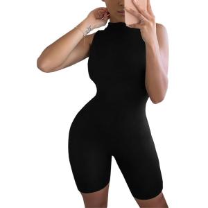 imagePRETTYGARDEN Womens Summer Bodycon Jumpsuits Casual Sleeveless One Piece Stretchy Tank Slim Fit Romper Shorts BlackMedium