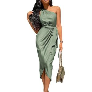 imagePRETTYGARDEN Womens Summer One Shoulder Ruched Satin Dress Sleeveless Wrap Spring Wedding Guest Cocktail Midi DressArmy Green