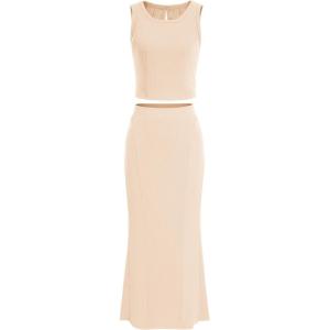 imagePRETTYGARDEN Womens Summer Two Piece Outfits Ribbed Crewneck Sleeveless Cropped Tank Tops and Bodycon Midi Skirt Matching Set