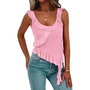 imagePRETTYGARDEN Womens Y2K Going Out Crop Top Summer Sleeveless Asymmetrical Mesh Tank Top Fitted Party Tops