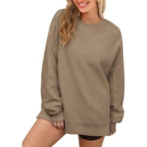 imagePRTTYGARDEN Womens Long Sleeve Tops 2025 Spring Loose Crewneck Sweatshirt Trendy Casual Ribbed Pullover Knit Outfit