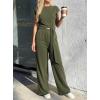 imagePRETTYGARDEN 2 Piece Lounge Sets For Women 2026 Summer Casual Outfits Cap Sleeve Belted Crop Tops Wide Palazzo Leg PantsArmy Green
