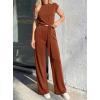 imagePRETTYGARDEN 2 Piece Lounge Sets For Women 2026 Summer Casual Outfits Cap Sleeve Belted Crop Tops Wide Palazzo Leg PantsRed Brown