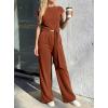 imagePRETTYGARDEN 2 Piece Lounge Sets For Women 2026 Summer Casual Outfits Cap Sleeve Belted Crop Tops Wide Palazzo Leg PantsRed Brown