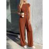 imagePRETTYGARDEN 2 Piece Lounge Sets For Women 2026 Summer Casual Outfits Cap Sleeve Belted Crop Tops Wide Palazzo Leg PantsRed Brown
