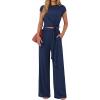 imagePRETTYGARDEN 2 Piece Lounge Sets For Women 2026 Summer Casual Outfits Cap Sleeve Belted Crop Tops Wide Palazzo Leg PantsNavy
