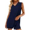 imagePRETTYGARDEN Womens 2026 Summer 2 Piece Shorts Sets V Neck Long Tank Tops High Waisted Loose Fit Matching Travel OutfitsNavy