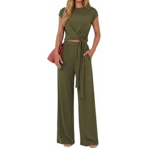 imagePRETTYGARDEN 2 Piece Lounge Sets For Women 2026 Summer Casual Outfits Cap Sleeve Belted Crop Tops Wide Palazzo Leg PantsArmy Green