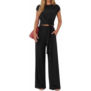 imagePRETTYGARDEN 2 Piece Lounge Sets For Women 2026 Summer Casual Outfits Cap Sleeve Belted Crop Tops Wide Palazzo Leg PantsBlack