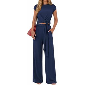 imagePRETTYGARDEN 2 Piece Lounge Sets For Women 2026 Summer Casual Outfits Cap Sleeve Belted Crop Tops Wide Palazzo Leg PantsNavy