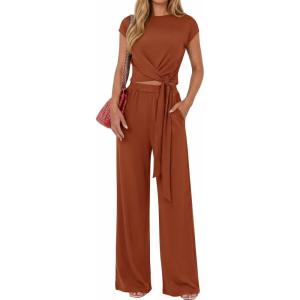 imagePRETTYGARDEN 2 Piece Lounge Sets For Women 2026 Summer Casual Outfits Cap Sleeve Belted Crop Tops Wide Palazzo Leg PantsRed Brown