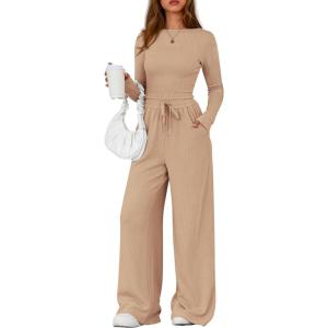 imagePRETTYGARDEN Matching Sets Women Clothing 2026 Fall Fashion Travel 2 Piece Lounge Sets Long Sleeve Crop Top Wide Leg PantsApricot