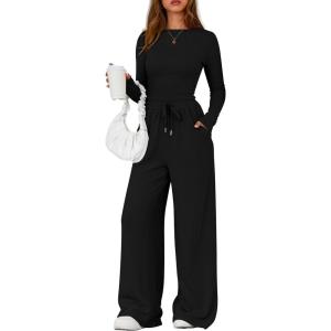imagePRETTYGARDEN Matching Sets Women Clothing 2026 Fall Fashion Travel 2 Piece Lounge Sets Long Sleeve Crop Top Wide Leg PantsBlack