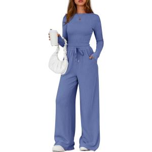 imagePRETTYGARDEN Matching Sets Women Clothing 2026 Fall Fashion Travel 2 Piece Lounge Sets Long Sleeve Crop Top Wide Leg PantsBlue