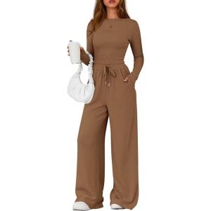 imagePRETTYGARDEN Matching Sets Women Clothing 2026 Fall Fashion Travel 2 Piece Lounge Sets Long Sleeve Crop Top Wide Leg PantsDark Khaki