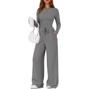 imagePRETTYGARDEN Matching Sets Women Clothing 2026 Fall Fashion Travel 2 Piece Lounge Sets Long Sleeve Crop Top Wide Leg PantsGrey