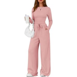 imagePRETTYGARDEN Matching Sets Women Clothing 2026 Fall Fashion Travel 2 Piece Lounge Sets Long Sleeve Crop Top Wide Leg PantsPink
