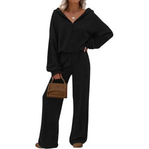 imagePRETTYGARDEN Womens 2 Piece Fall Lounge Sets 2026 Zip Up Hoodie Wide Leg Tracksuit Spring Matching Travel Outfits ClothesBlack