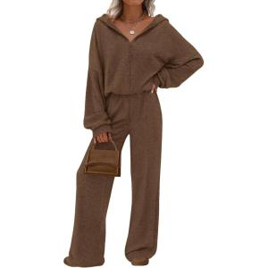 imagePRETTYGARDEN Womens 2 Piece Fall Lounge Sets 2026 Zip Up Hoodie Wide Leg Tracksuit Spring Matching Travel Outfits ClothesCoffee