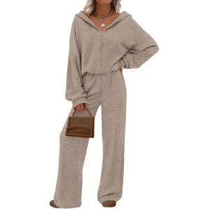 imagePRETTYGARDEN Womens 2 Piece Fall Lounge Sets 2026 Zip Up Hoodie Wide Leg Tracksuit Spring Matching Travel Outfits ClothesKhaki