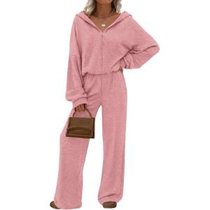 imagePRETTYGARDEN Womens 2 Piece Fall Lounge Sets 2026 Zip Up Hoodie Wide Leg Tracksuit Spring Matching Travel Outfits ClothesPink