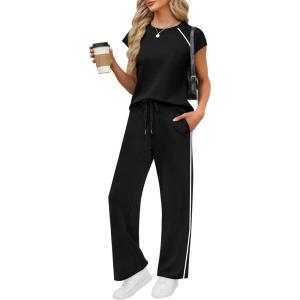 imagePRETTYGARDEN Womens 2 Piece Lounge Sets 2026 Summer Cap Sleeve Tops Wide Leg Pants Travel Outfits Matching Fashion ClothingBlack