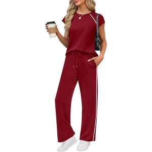 imagePRETTYGARDEN Womens 2 Piece Lounge Sets 2026 Summer Cap Sleeve Tops Wide Leg Pants Travel Outfits Matching Fashion ClothingBurgundy
