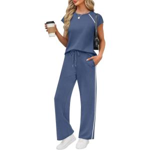 imagePRETTYGARDEN Womens 2 Piece Lounge Sets 2026 Summer Cap Sleeve Tops Wide Leg Pants Travel Outfits Matching Fashion ClothingDusty Blue