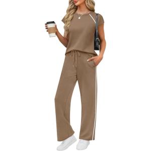 imagePRETTYGARDEN Womens 2 Piece Lounge Sets 2026 Summer Cap Sleeve Tops Wide Leg Pants Travel Outfits Matching Fashion ClothingKhaki
