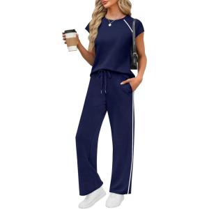 imagePRETTYGARDEN Womens 2 Piece Lounge Sets 2026 Summer Cap Sleeve Tops Wide Leg Pants Travel Outfits Matching Fashion ClothingNavy Blue