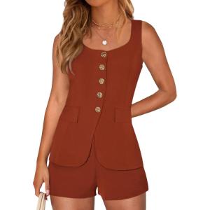 imagePRETTYGARDEN Womens 2 Piece Matching Sets 2026 Fashion Suit Vest Tops Shorts Set Spring Business Casual Vacation OutfitsBrick Red
