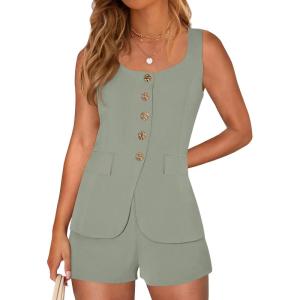 imagePRETTYGARDEN Womens 2 Piece Matching Sets 2026 Fashion Suit Vest Tops Shorts Set Spring Business Casual Vacation OutfitsGrey Green