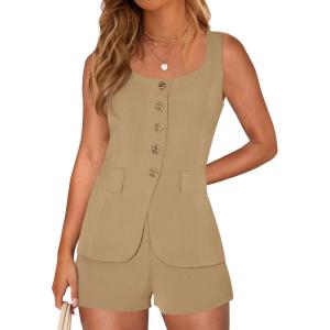 imagePRETTYGARDEN Womens 2 Piece Matching Sets 2026 Fashion Suit Vest Tops Shorts Set Spring Business Casual Vacation OutfitsKhaki