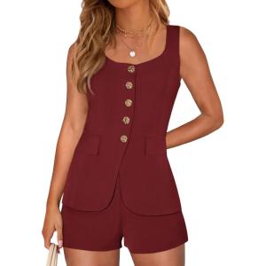imagePRETTYGARDEN Womens 2 Piece Matching Sets 2026 Fashion Suit Vest Tops Shorts Set Spring Business Casual Vacation OutfitsWine Red
