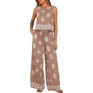 imagePRETTYGARDEN Womens 2026 Summer 2 Piece Lounge Sets Boho Floral Tank Tops Flowy Wide Leg Pants Travel Beach Vacation OutfitsFloral Khaki White