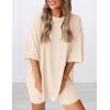 imagePRETTYGARDEN Women 2 Piece Lounge Set 2026 Summer Casual Oversized Shirts Biker Shorts Matching Airport Travel Outfit ClothesBeige