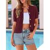 imagePRETTYGARDEN Women Summer Crochet Puff Short Sleeve Cardigan Lightweight Spring Cropped Button Up Beach Knit Sweater TopsBurgundy