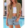 imagePRETTYGARDEN Women Summer Crochet Puff Short Sleeve Cardigan Lightweight Spring Cropped Button Up Beach Knit Sweater TopsKhaki