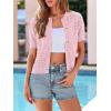 imagePRETTYGARDEN Women Summer Crochet Puff Short Sleeve Cardigan Lightweight Spring Cropped Button Up Beach Knit Sweater TopsPink